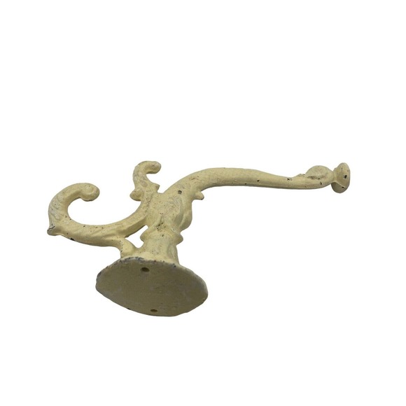 Vintage Ornate Wall 3 Hook Towel Robe Coat Hat Rack Whitewashed Cast Metal - Picture 6 of 10